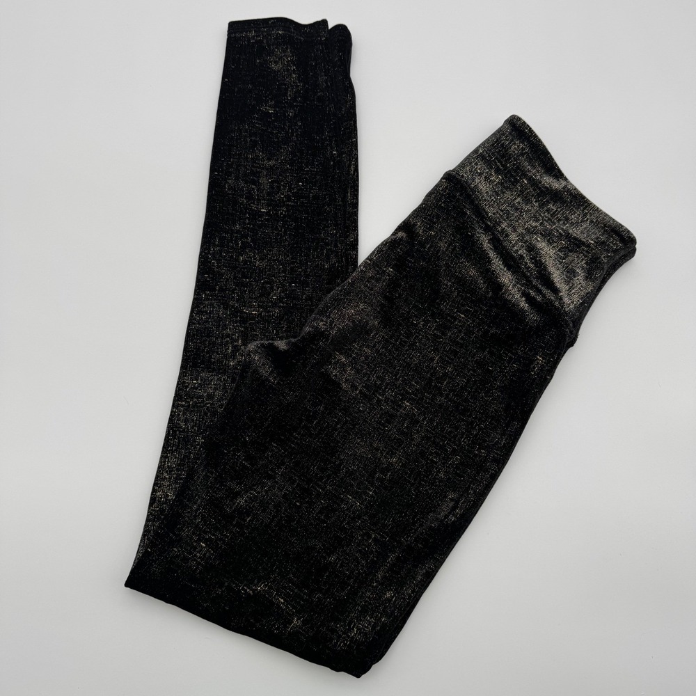 Spanx Womens Metallic Velvet Leggings Black Gold High Rise‎ Shimmer Size Medium